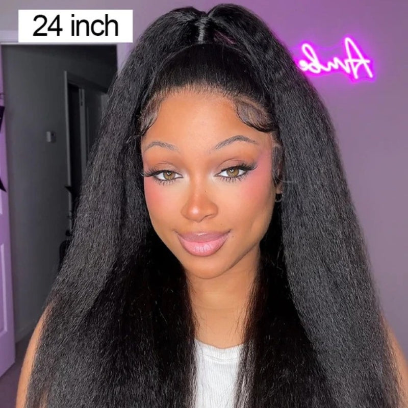 VIYA Kinky Straight 13x6 HD Lace Frontal Wig Natural Black Human Hair Pre Bleached Knots Wig