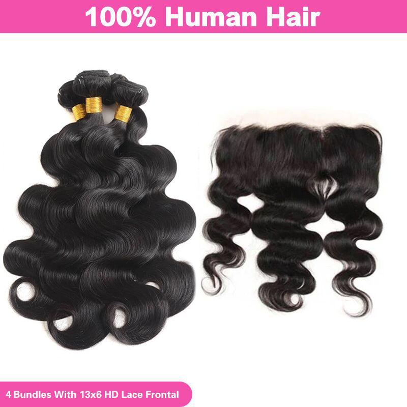 VIYA Body Wave 13x6 HD Lace Frontal With 4 Pcs Bundles Hair Weft Natural Black Human Virgin Hair