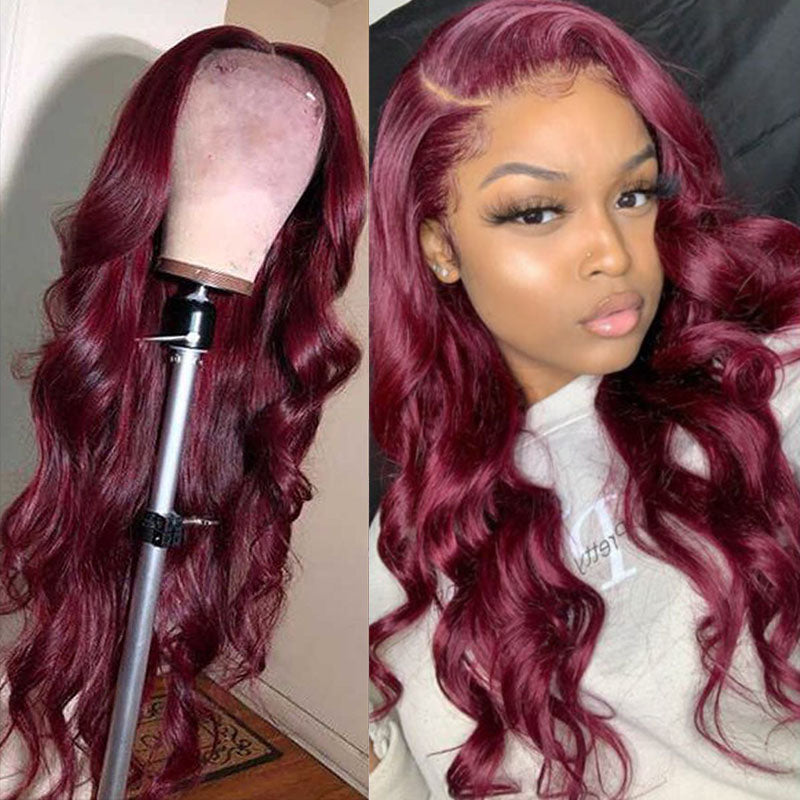 VIYA 13x6 HD Lace Frontal Pre Bleached Knots Body Wave Burgundy 99J Color Human Hair Wig