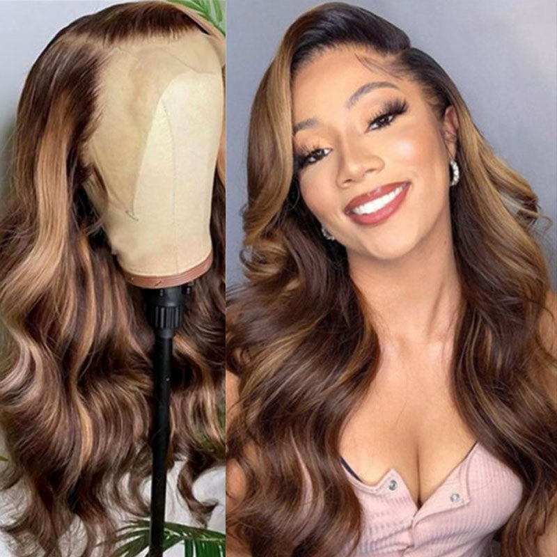VIYA Body Wave P4/27 Color 13x6 Transparent Lace Front Balayage Highlight Wigs