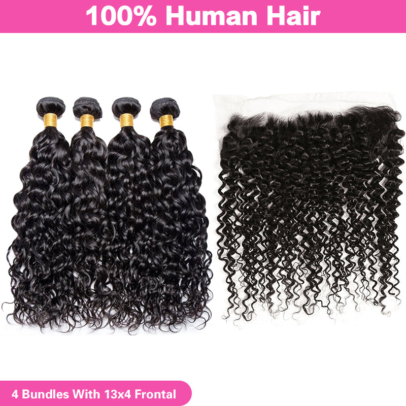 VIYA Curly 4 Pcs Bundles Hair Weft With 13x4 Lace Frontal Natural Black Human Virgin hair