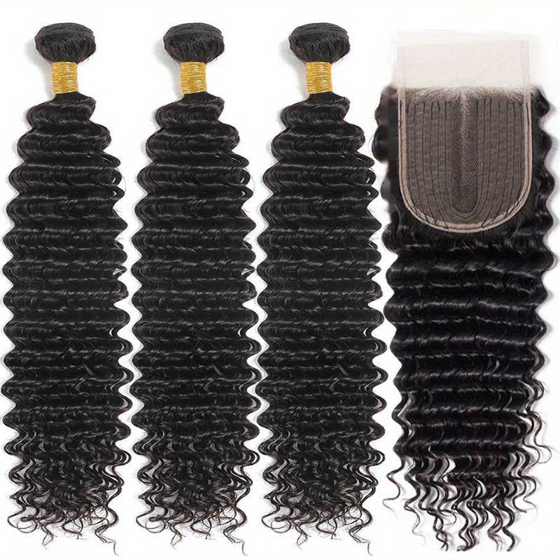 VIYA Deep Wave 3 Bundles Hair Weft With 4x4 Lace Closure Human Hair