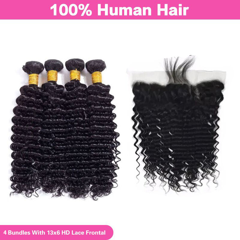 VIYA Deep Wave 13x6 HD Lace Frontal With 4 Pcs Bundles Hair Weft Natural Black Human Virgin Hair