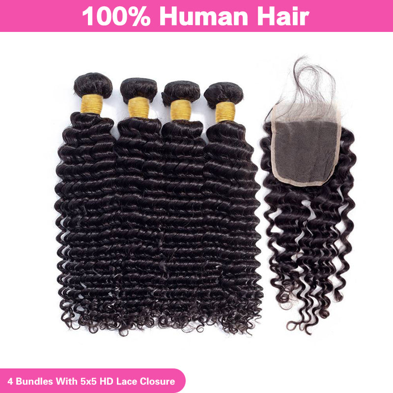 VIYA Deep Wave 4 Bundles Hair Weft With 5x5 HD Lace Closure Human Hair