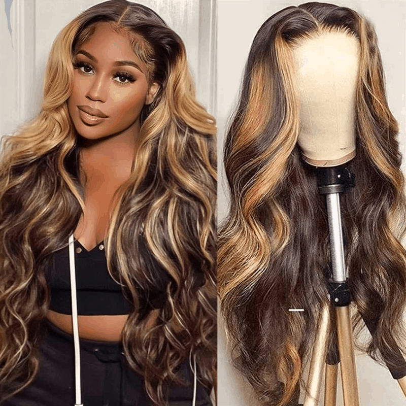 VIYA Pre Bleached Knots 13x4 HD Full Lace Frontal P4/27 Color Body Wave Human Hair Wig