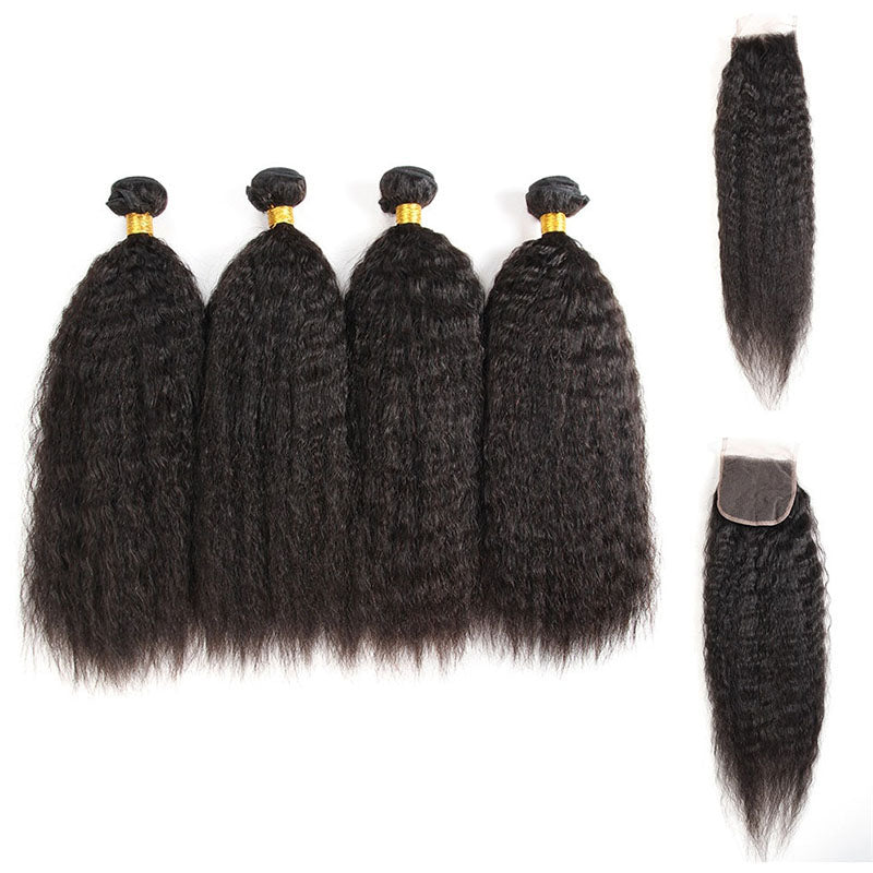 VIYA Kinky Straight 4 Bundles Hair Weft With 5x5 HD Lace Closure Natural Black