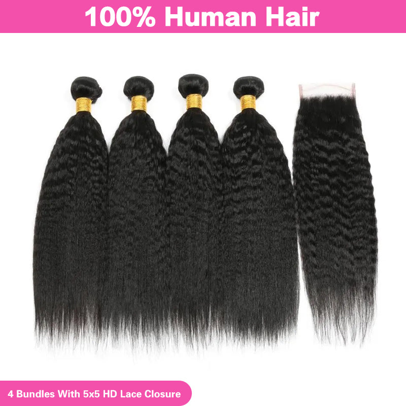 VIYA Kinky Straight 4 Bundles Hair Weft With 5x5 HD Lace Closure Natural Black