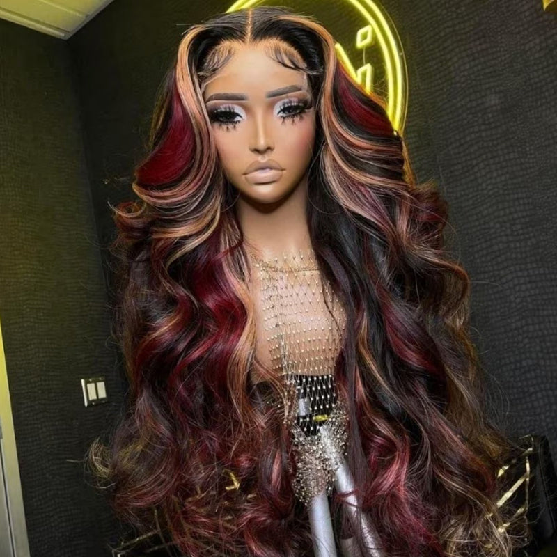 VIYA 13x6 Lace Frontal Black With Red &amp; Blonde Highlights Body Wave Human Hair Wig