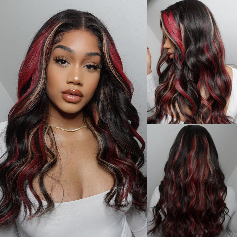 VIYA 13x6 Lace Frontal Black With Red &amp; Blonde Highlights Body Wave Human Hair Wig