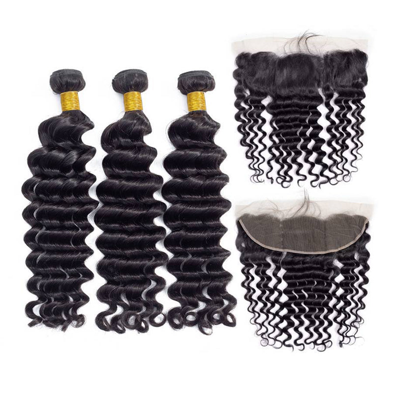 VIYA Loose Deep Wave 3 Pcs Bundles Hair Weft With 13x4 Lace Frontal Natural Black Human Virgin Hair