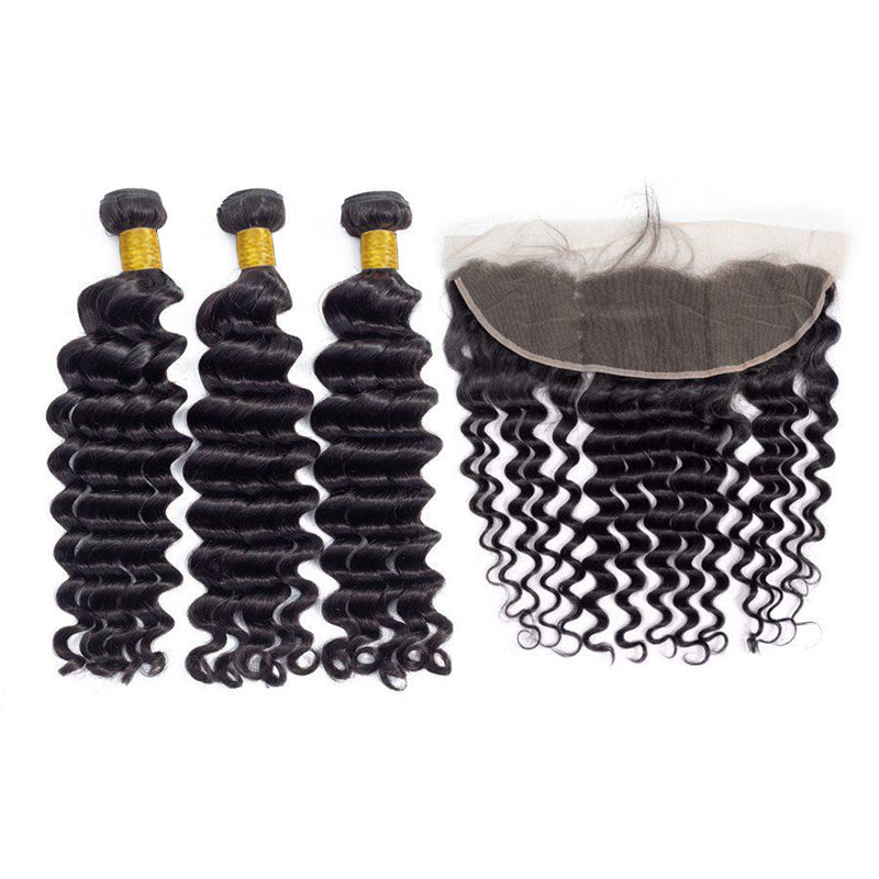 VIYA Loose Deep Wave 3 Pcs Bundles Hair Weft With 13x4 Lace Frontal Natural Black Human Virgin Hair