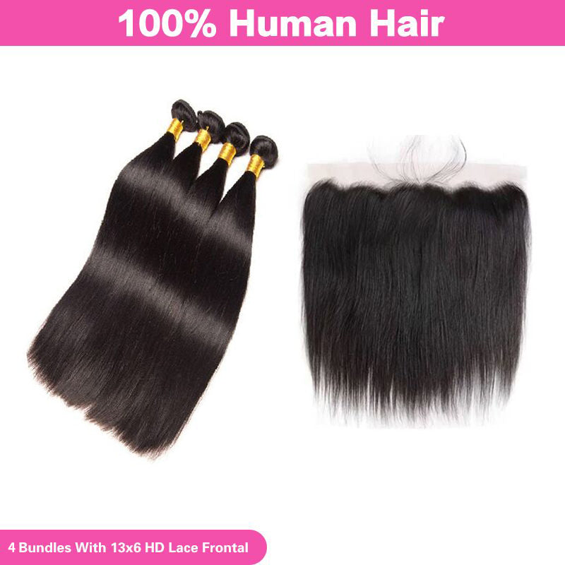VIYA Straight 13x6 HD Lace Frontal With 4 Pcs Bundles Hair Weft Natural Black Human Virgin Hair