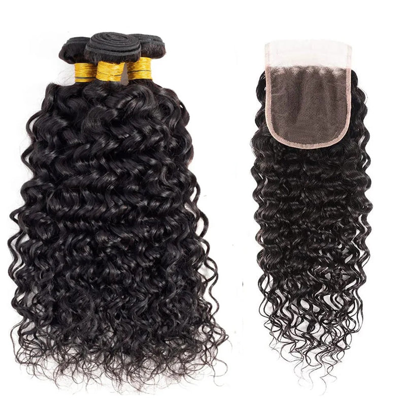 VIYA Water Wave 3 Bundles Hair Weft With 4x4 Lace Closure Natural Black