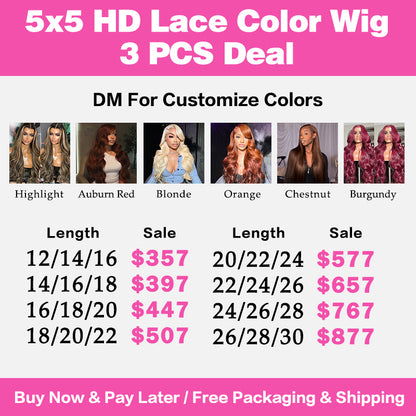 VIYA 3 PCS 5x5 HD Lace Closure Straight Body Wave All Pre Styled Color Wig Wholesale Package Deal