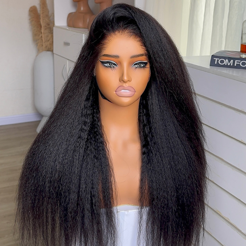 VIYA Kinky Straight 360 HD Lace Frontal Wig Natural Black Human Hair Pre Bleached Knots Wig
