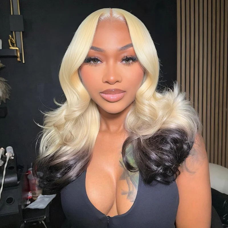 Lotus Wholesale Custom Products-Full size 13x6 HD wig 18 inch 613/1B blonde ombre color loose body wave 
$169