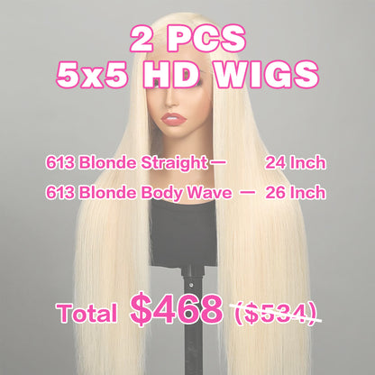 VIYA 2 PCS 5x5 HD Lace Closure Straight Body Wave All Pre Styled Color Wig Wholesale Package Deal