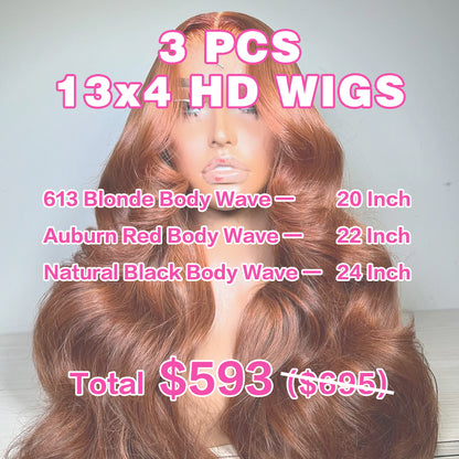 VIYA 3 PCS 13x4 HD Lace Frontal Body Wave All Pre Styled Color Wig Wholesale Package Deal
