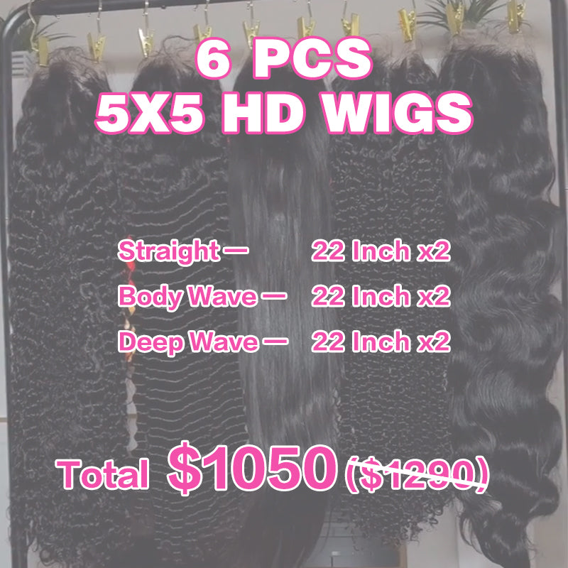 VIYA 6 PCS 5x5 HD Lace Closure All Pre Styled Natural Black Wig Wholesale Package Deal