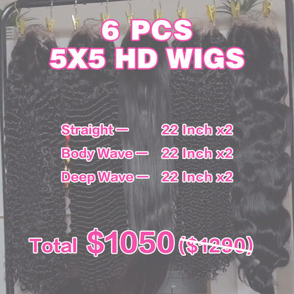 VIYA 6 PCS 5x5 HD Lace Closure All Pre Styled Natural Black Wig Wholesale Package Deal