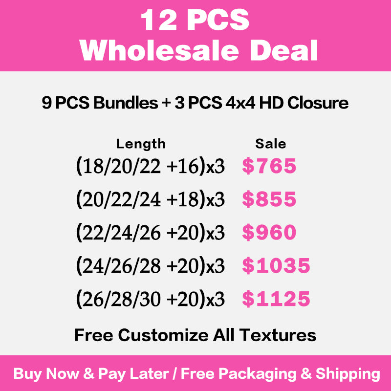 VIYA 9 PCS 18-30 Inch Bundles With 3 PCS 4x4 HD Lace Closure Wholesale Package Deal