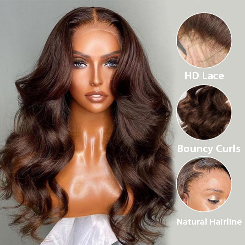 VIYA Full Size™ 13x6 HD Lace Frontal Pre Bleached Knots Loose Body Wave &amp; Straight Dark Chocolate Brown Wig
