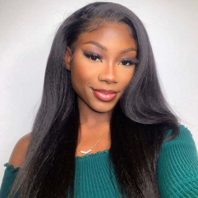 VIYA Kinky Straight 13x6 HD Lace Frontal Wig Natural Black Human Hair Pre Bleached Knots Wig
