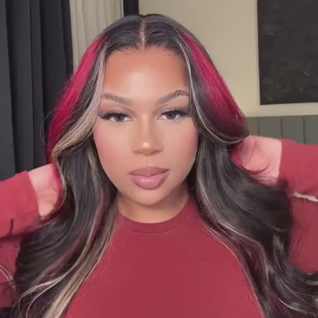 VIYA 13x6 HD Lace Frontal Black With Red &amp; Blonde Highlights Body Wave Human Hair Wig