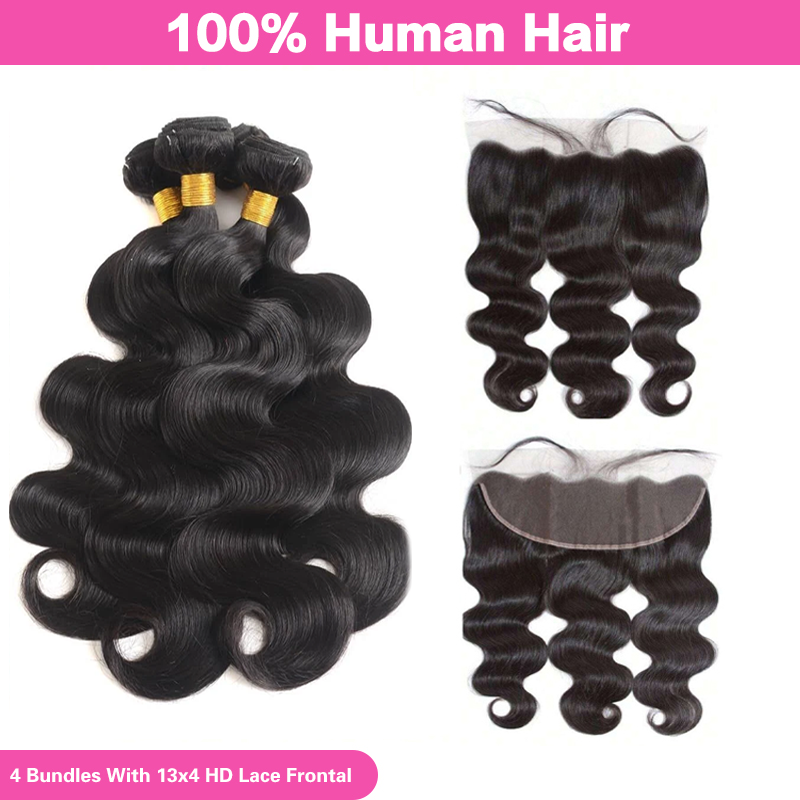 VIYA Body Wave 4 Pcs Bundles Hair Weft With 13x4 HD Lace Frontal Natural Black Human Virgin Hair