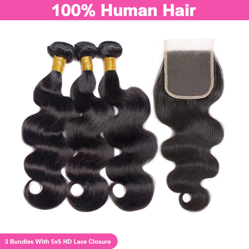 VIYA Brazilian Body Wave Hair 3 Bundles With 5x5 HD Lace Closure Free Part