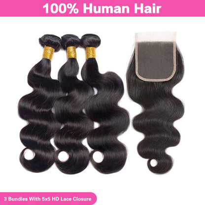 VIYA Brazilian Body Wave Hair 3 Bundles With 5x5 HD Lace Closure Free Part