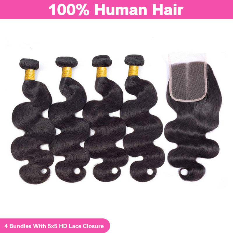 VIYA Body Wave 4 Bundles With 5x5 HD Closure Brazilian Natural Black Human Hair