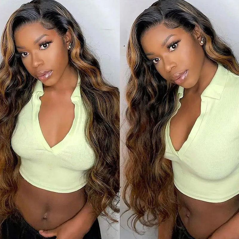VIYA Body Wave P4/27 Color Balayage Highlight Real Transparent 13x4 Lace Front Human Hair Wig