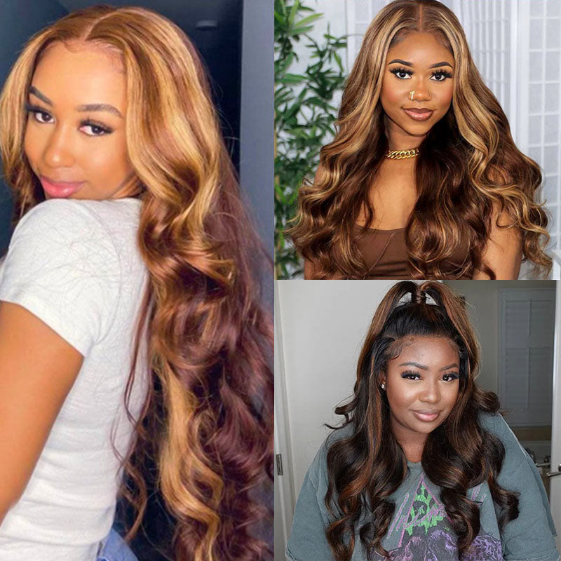 VIYA Body Wave P4/27 Color Balayage Highlight Real Transparent 13x4 Lace Front Human Hair Wig