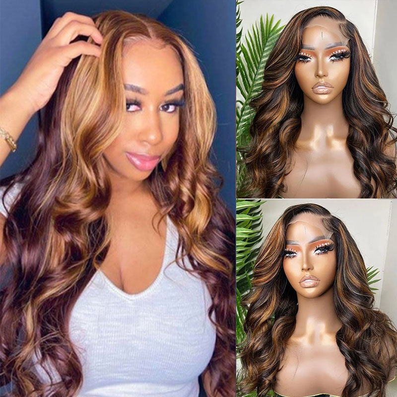 VIYA Body Wave P4/27 Color Balayage Highlight Real Transparent 13x4 Lace Front Human Hair Wig