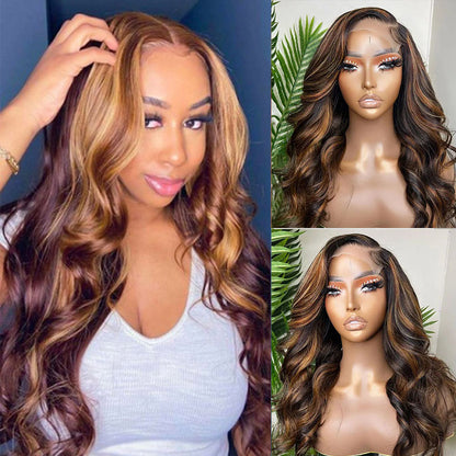 VIYA Body Wave P4/27 Color Balayage Highlight Real Transparent 13x4 Lace Front Human Hair Wig