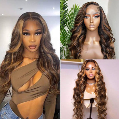 VIYA Body Wave P4/27 Color Balayage Highlight Real Transparent 13x4 Lace Front Human Hair Wig
