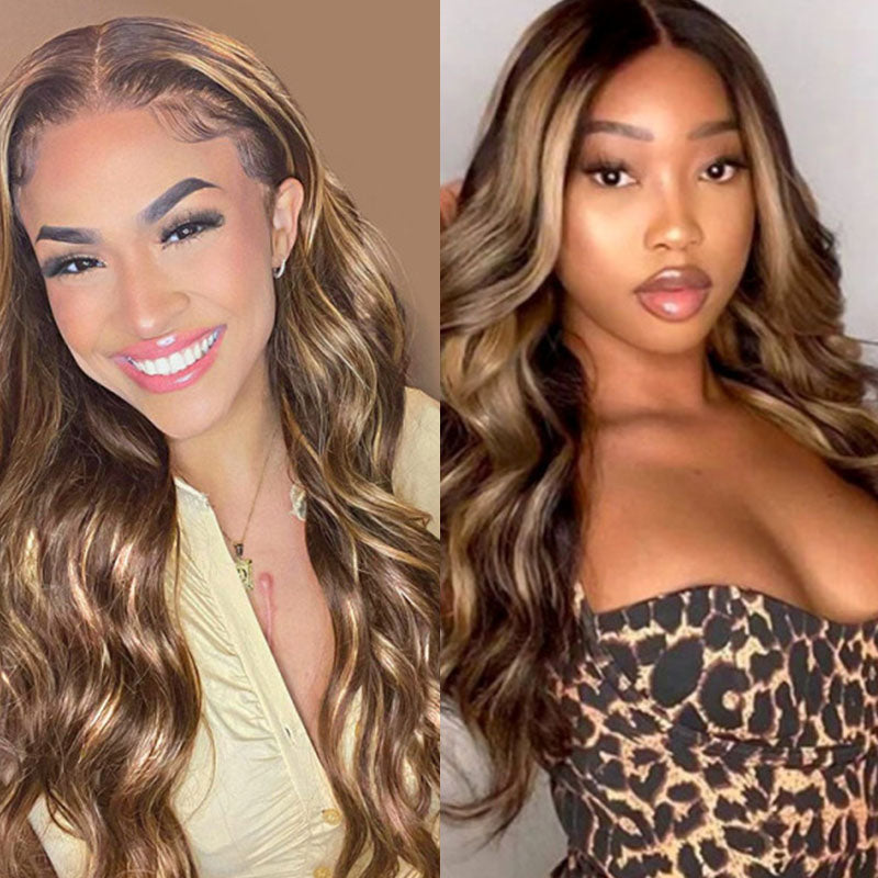 VIYA Body Wave P4/27 Color 13x6 Transparent Lace Front Balayage Highlight Wigs