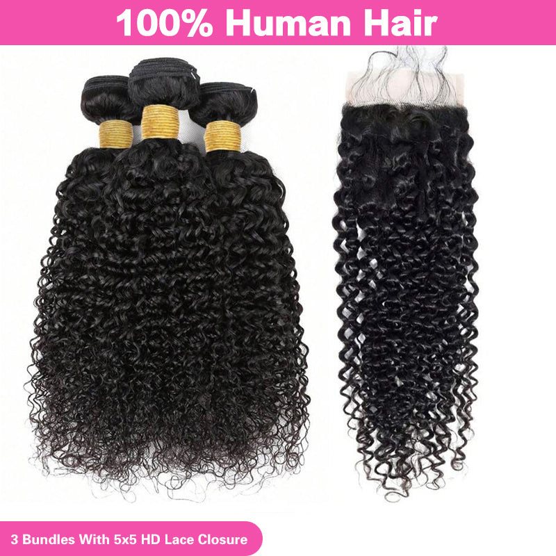 VIYA Curly 3 Pcs Bundles Hair Weft With 5x5 HD Lace Closure Human Virgin Hair