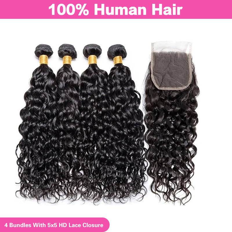 VIYA Curly 4 Pcs Bundles Hair Weft With 5x5 HD Lace Closure Human Virgin Hair