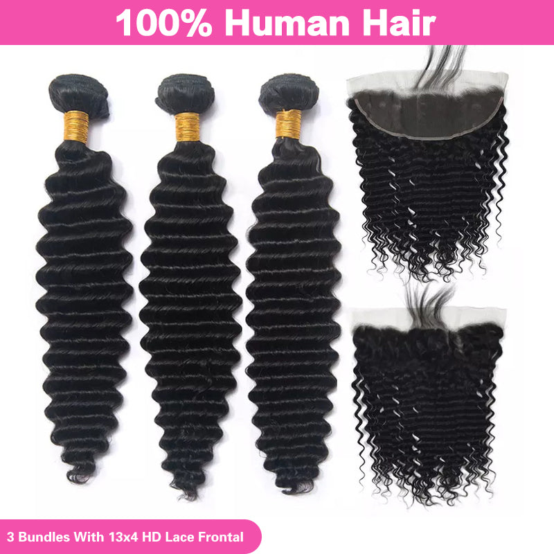 VIYA Deep Wave 3 Bundles Hair Weft With 13x4 HD Lace Frontal Human Hair