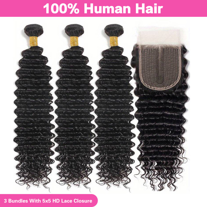 VIYA Deep Wave 3 Bundles Hair Weft With 5x5 HD Lace Closure Human Hair