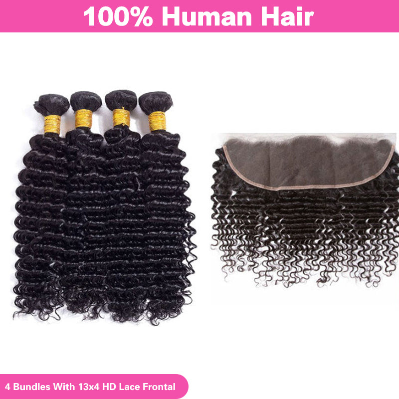 VIYA Deep Wave 4 Bundles Hair Weft With 13x4 HD Lace Frontal Human Hair