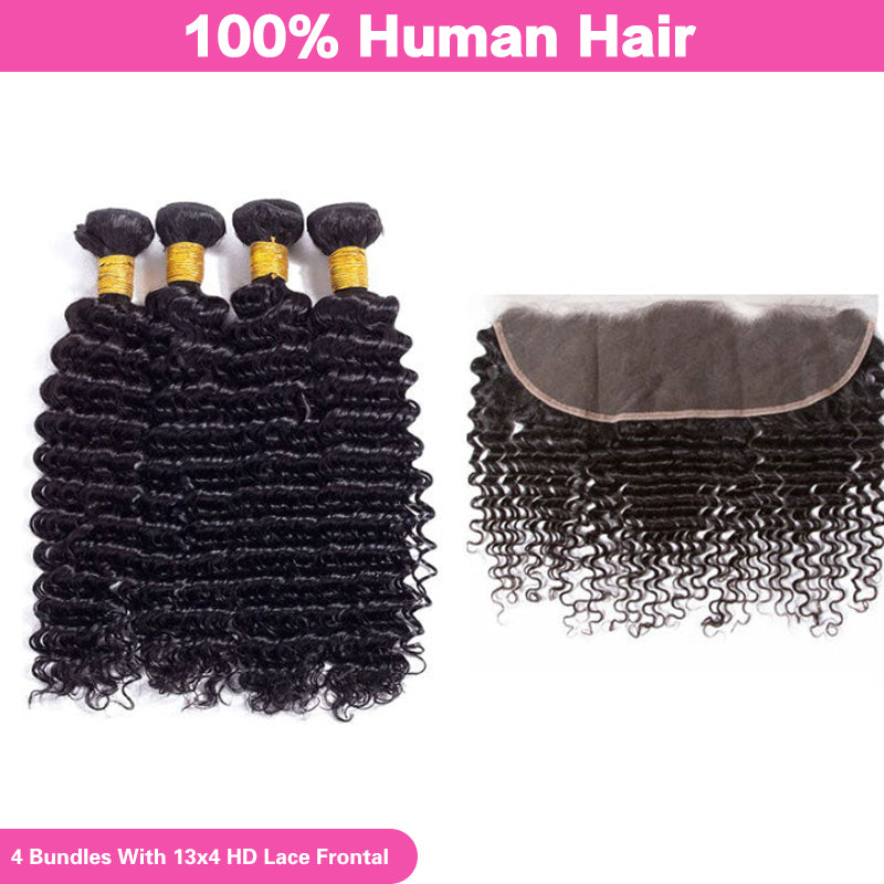 VIYA Deep Wave 4 Pcs Bundles Hair Weft With 13x4 HD Lace Frontal Natural Black Human Virgin Hair