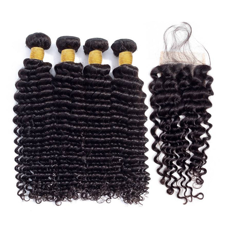 VIYA Deep Wave 4 Bundles Hair Weft With 5x5 HD Lace Closure Human Hair