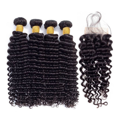 VIYA Deep Wave 4 Bundles Hair Weft With 5x5 HD Lace Closure Human Hair
