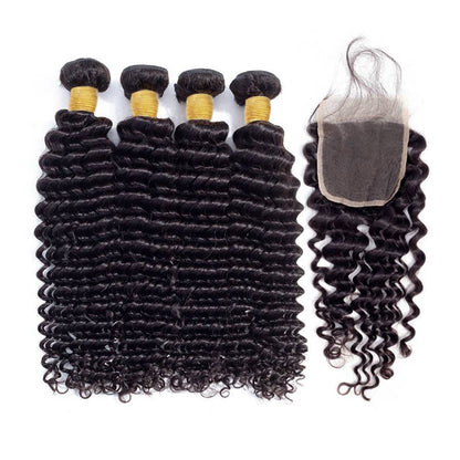VIYA Deep Wave 4 Bundles Hair Weft With 5x5 HD Lace Closure Human Hair