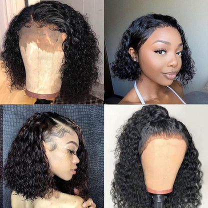 VIYA Deep Wave Lace Bob Wig 10-14 Inch Natural Black Human Hair Wig