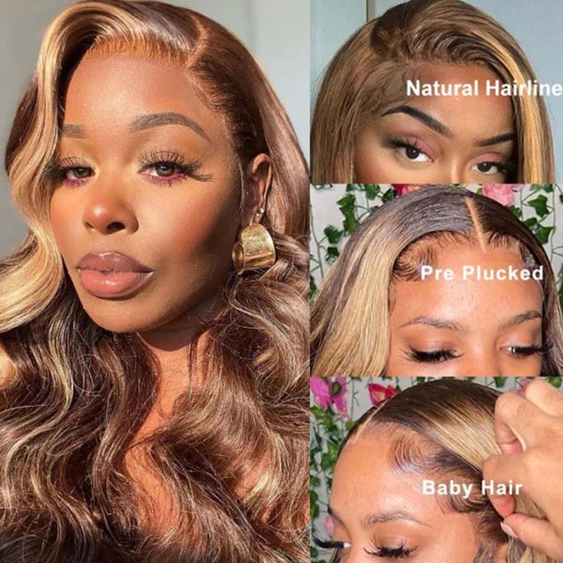 VIYA Pre Bleached Knots 13x4 HD Full Lace Frontal P4/27 Color Body Wave Human Hair Wig