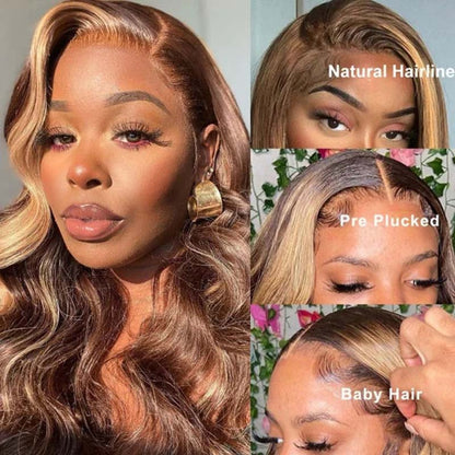 VIYA Pre Bleached Knots 13x4 HD Full Lace Frontal P4/27 Color Body Wave Human Hair Wig